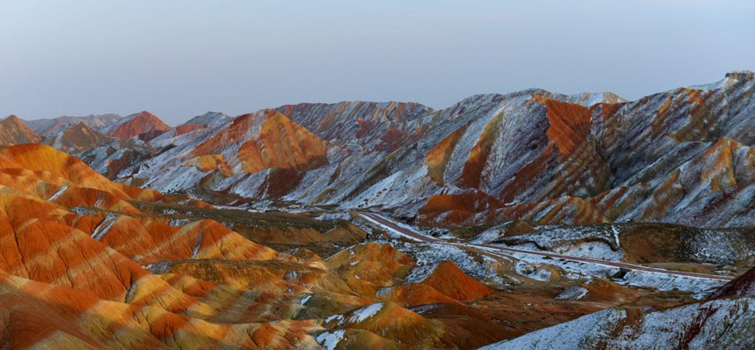 Snow scenery of Danxia landform in NW China's Gansu