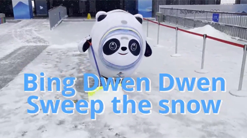 Beijing 2022's Bing Dwen Dwen on a snowy day